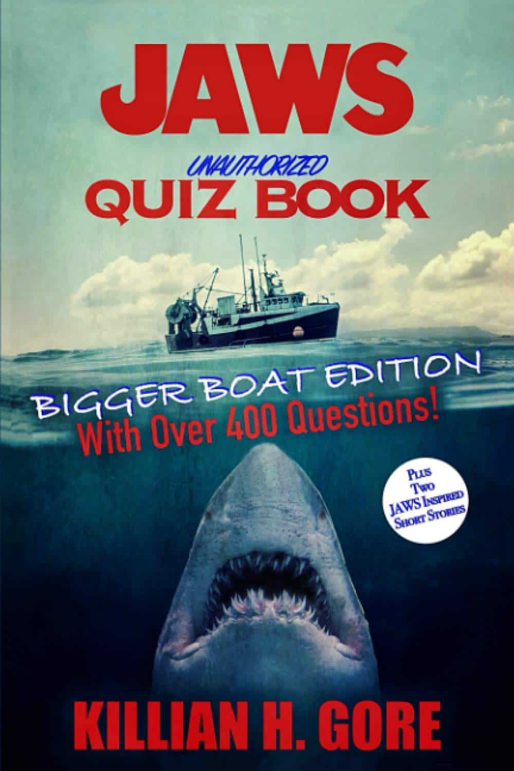 A book cover with a shark's mouth and a boat in the background Description automatically generated