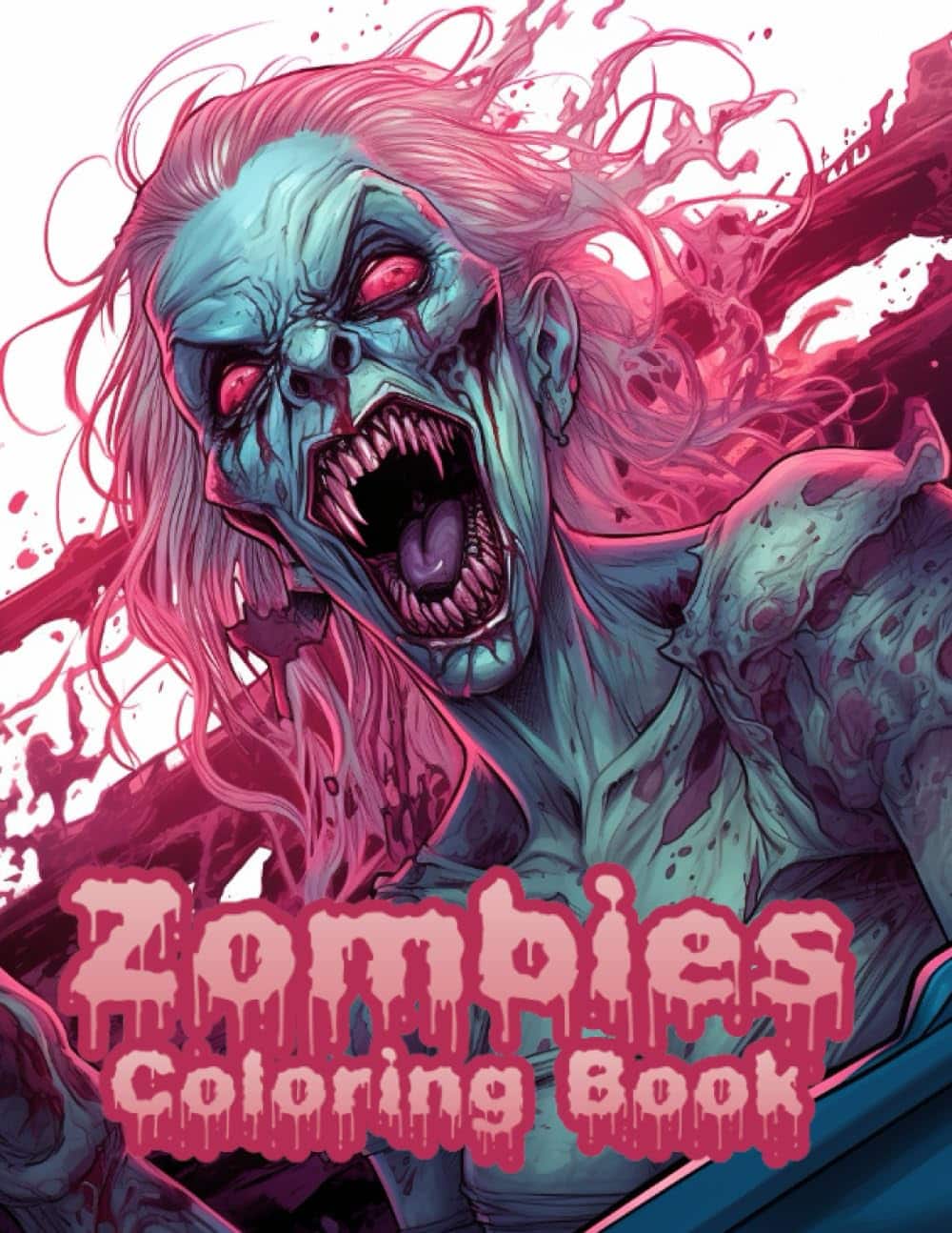 A zombie with pink hair and red eyes Description automatically generated