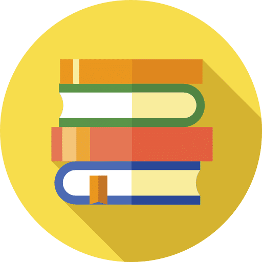 A stack of books in a yellow circle Description automatically generated