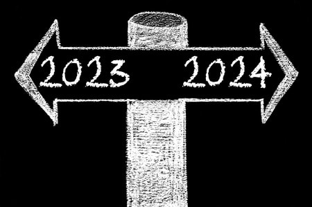 Opposite Arrows With Year 2023 Versus Year 2024. Hand Drawing With Chalk On Blackboard. Choice Conceptual Image Фотография, картинки, изображения и сток-фотография без роялти. Image 40949718