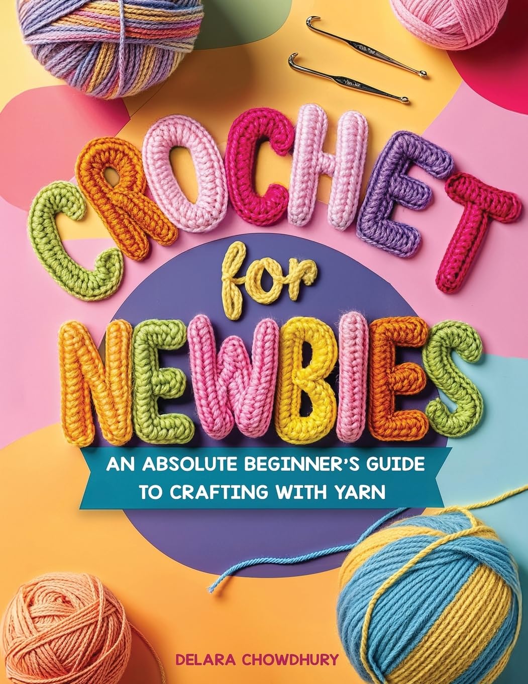 A book cover with colorful yarn letters and balls of yarn Description automatically generated
