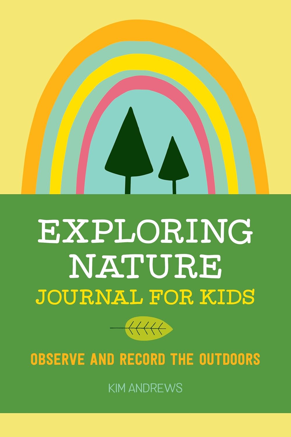A book cover with trees and rainbow Description automatically generated