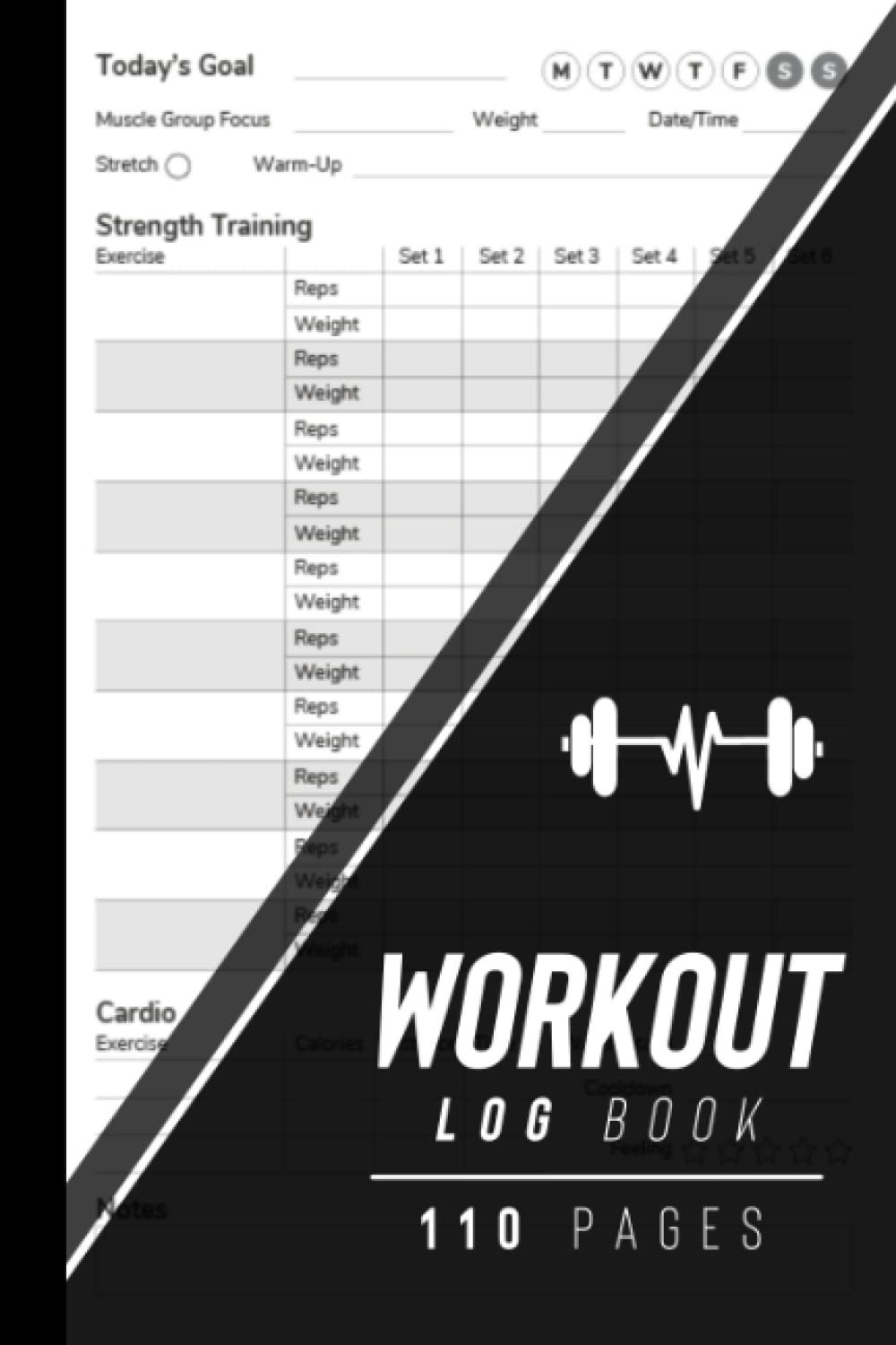 A black and white exercise log book Description automatically generated