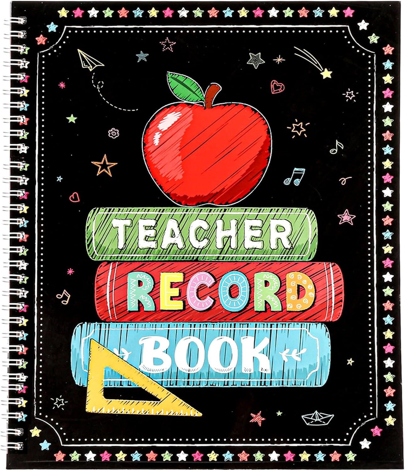 A black notebook with colorful text and apple on top Description automatically generated