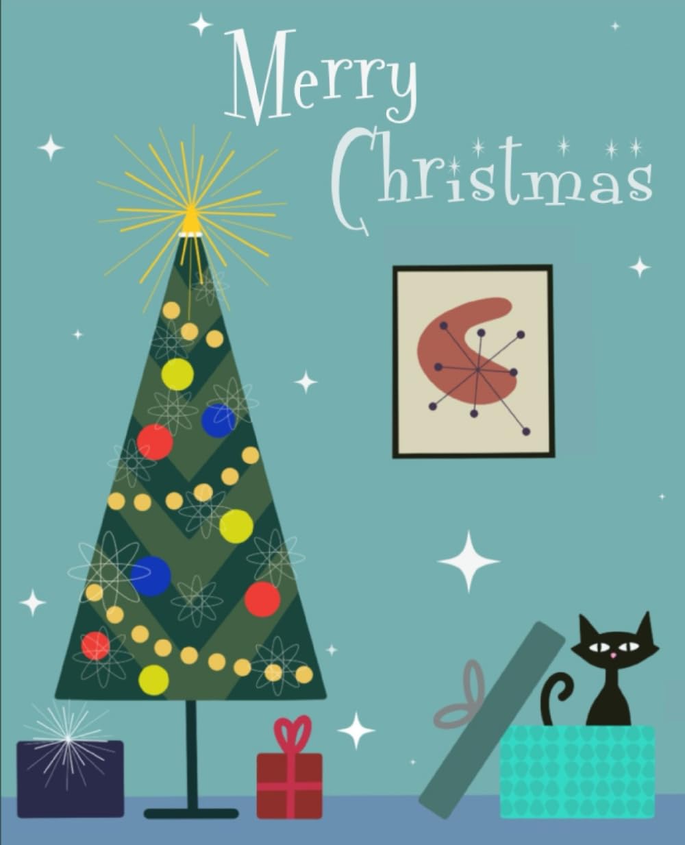A christmas card with a tree and presents Description automatically generated