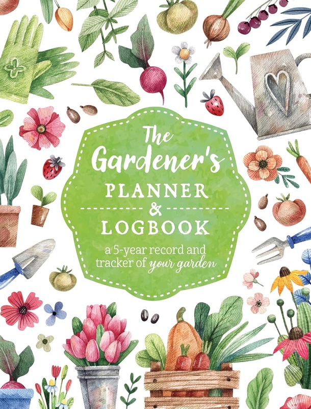 A cover of a book with a green circle and a green label with flowers and gardening tools Description automatically generated