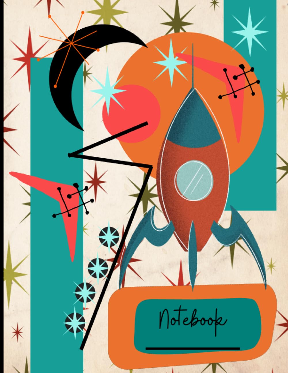 A notebook cover with a rocket and stars Description automatically generated