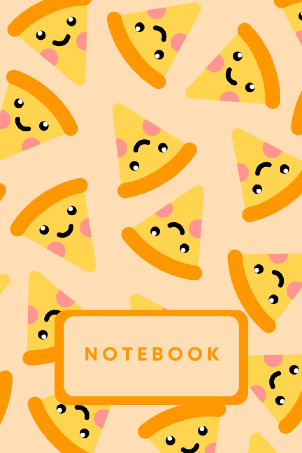 A notebook cover with cartoon pizza slices Description automatically generated