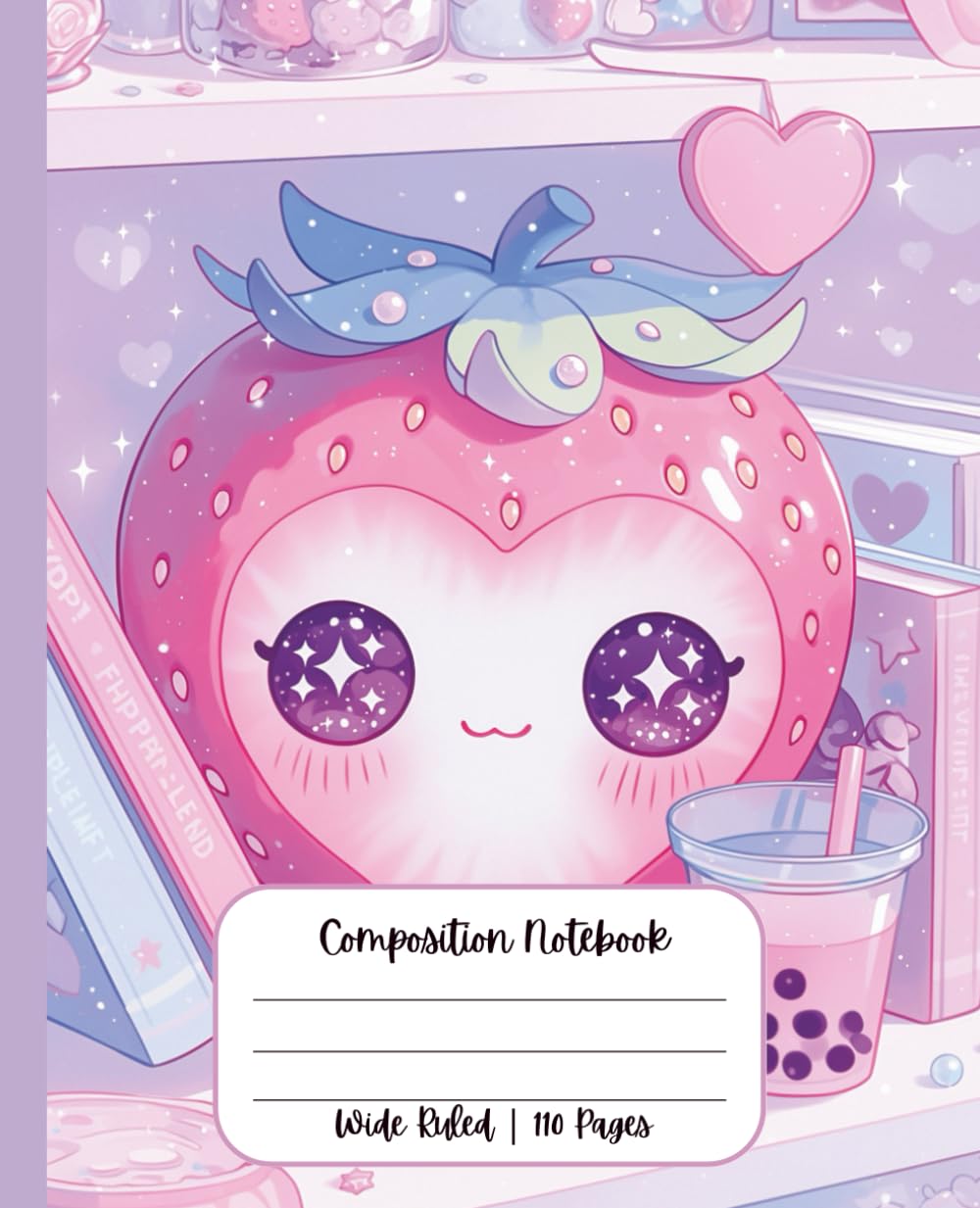 A notebook with a cartoon strawberry Description automatically generated