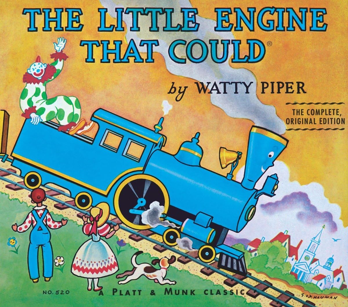 A blue train with cartoon characters on it Description automatically generated