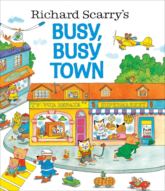 A book cover of a busy town Description automatically generated