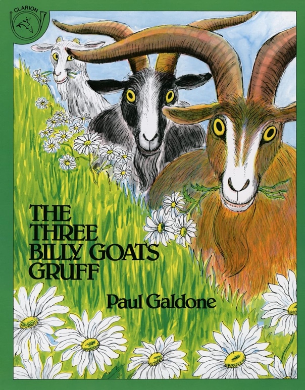 A book cover with three billy goats Description automatically generated