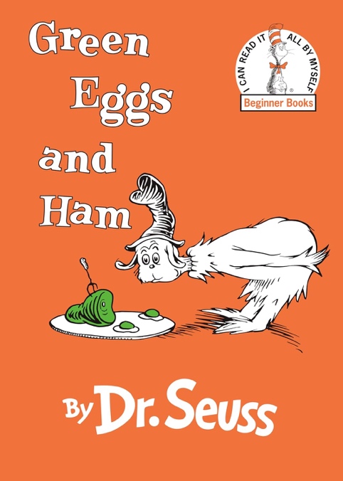 An orange cover with a cartoon of a cat in a hat Description automatically generated